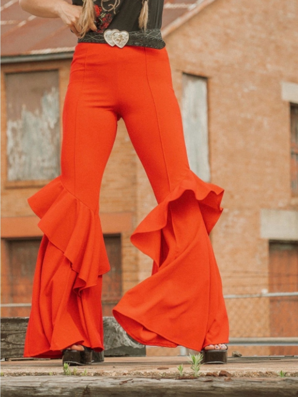 RODEO QUINCY Red Ruffled Senorita Flare Pants - Women's Statement Trousers